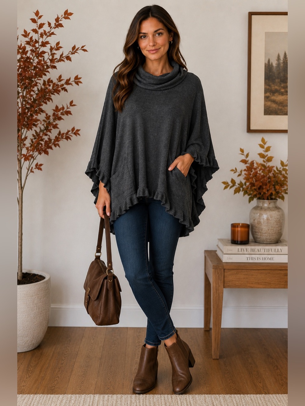 New York & Company Charcoal Cowl Neck Poncho Sweater Ruffle Boho OS